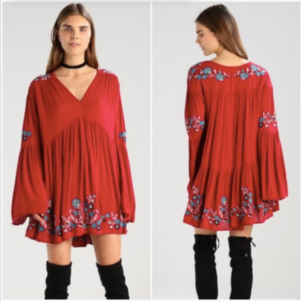 Free People dress Te Amo floral embroidery red